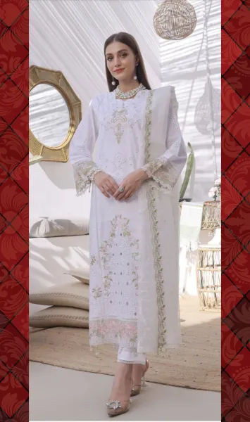 Pakistani Original Guzel Luxury Lawn Stitched 3Pcs _ White